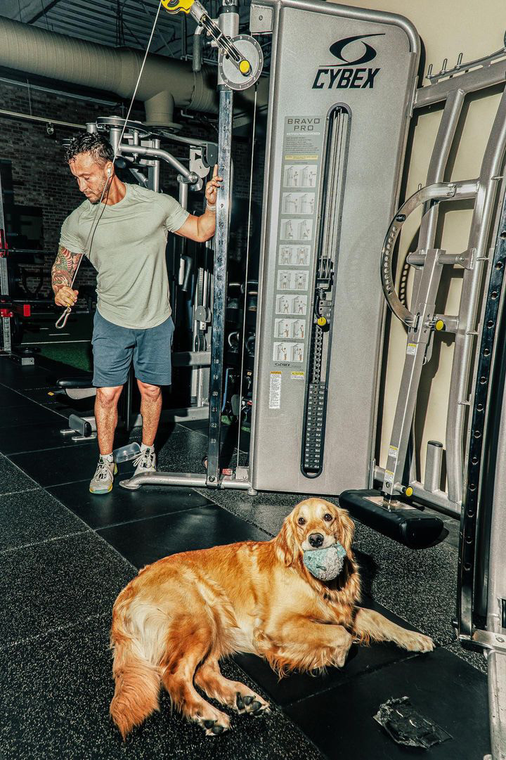 Jeremy Bates training in the gym, with a golden retriever resting nearby